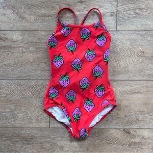 Hanna Andersson Red Strawberry One Piece Swimsuit Girls Sz 5 Bow Back